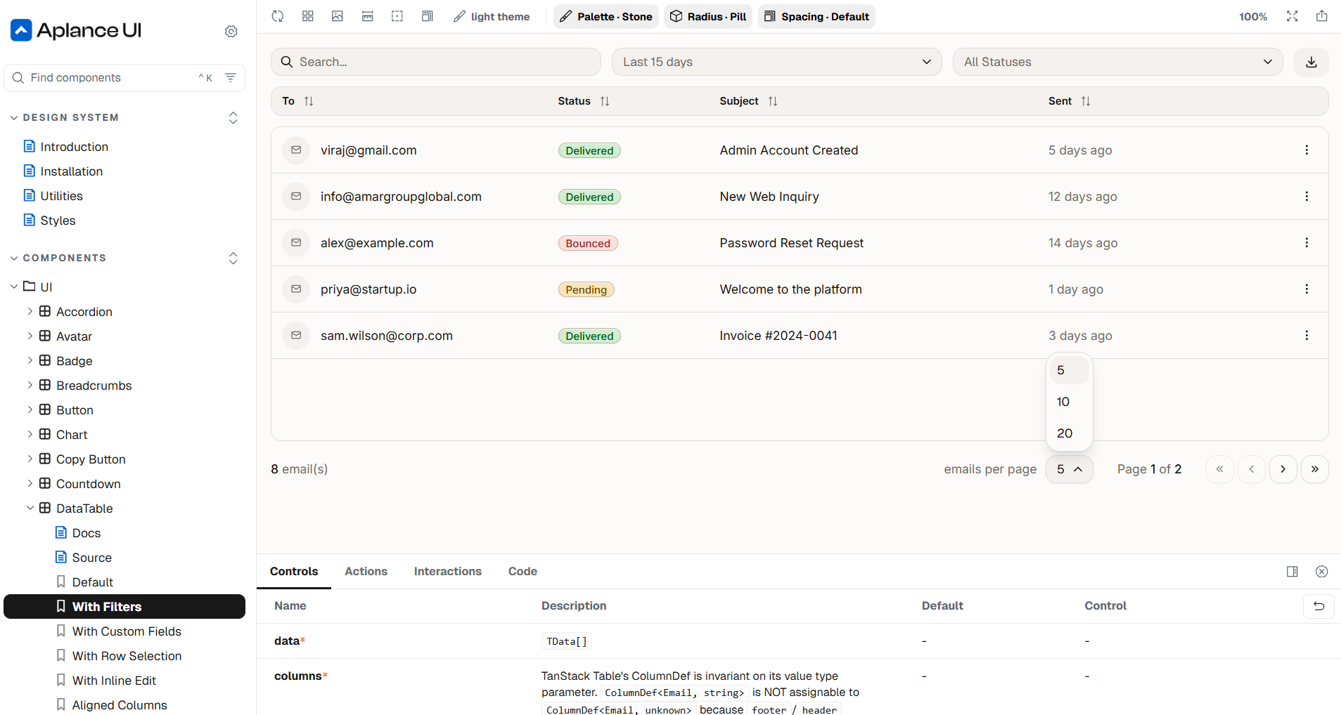 Aplance UI data table component with live controls for palette, radius and spacing