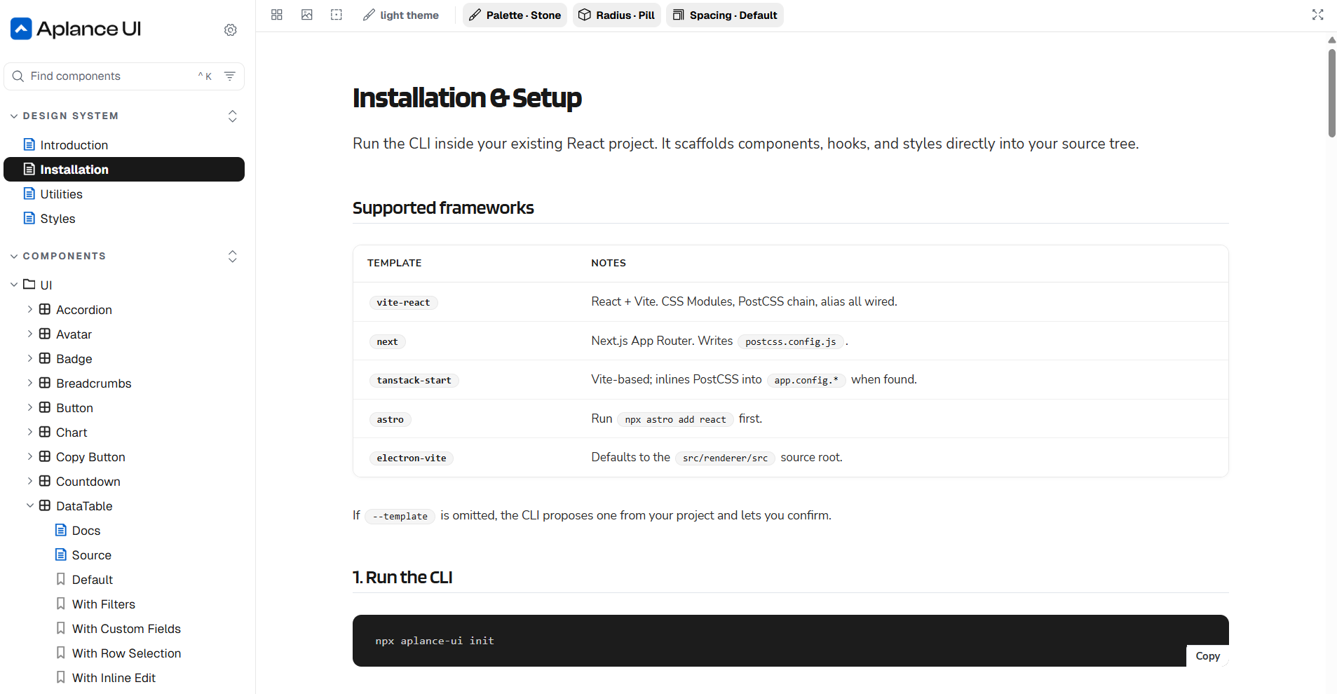Aplance UI installation docs with supported framework templates and the setup CLI