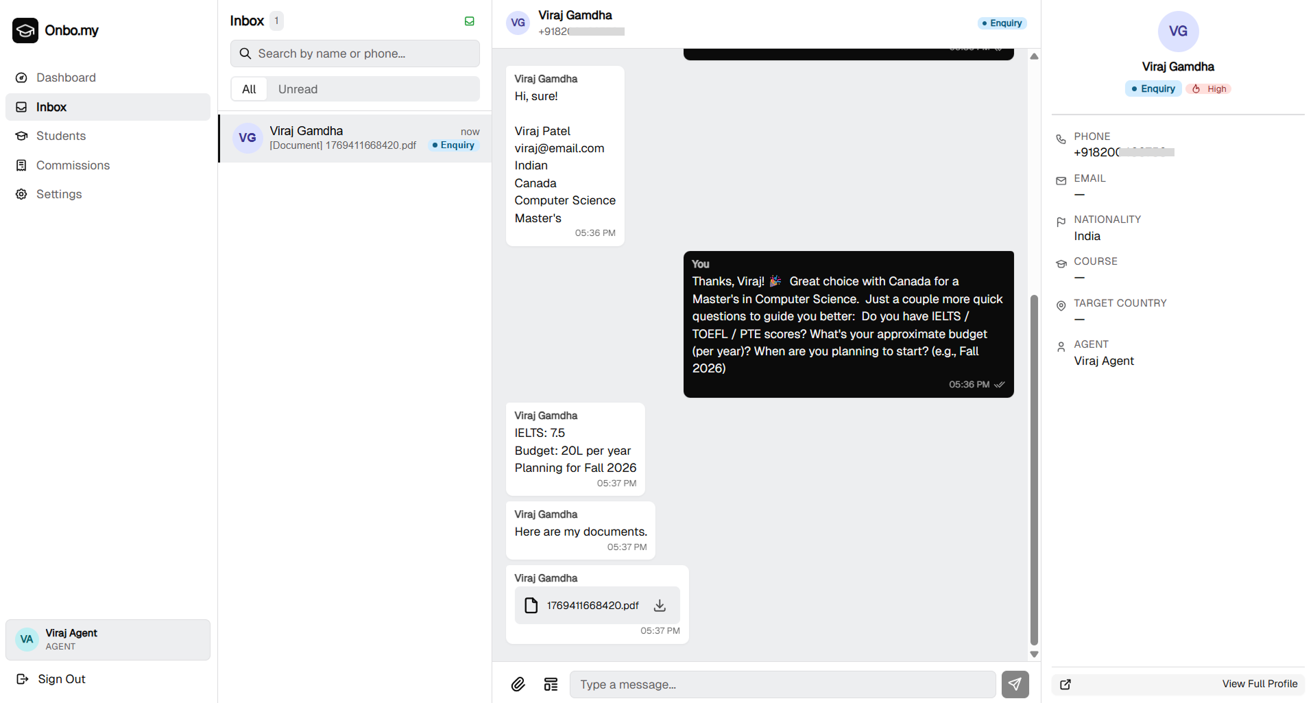 onbo.my WhatsApp management view