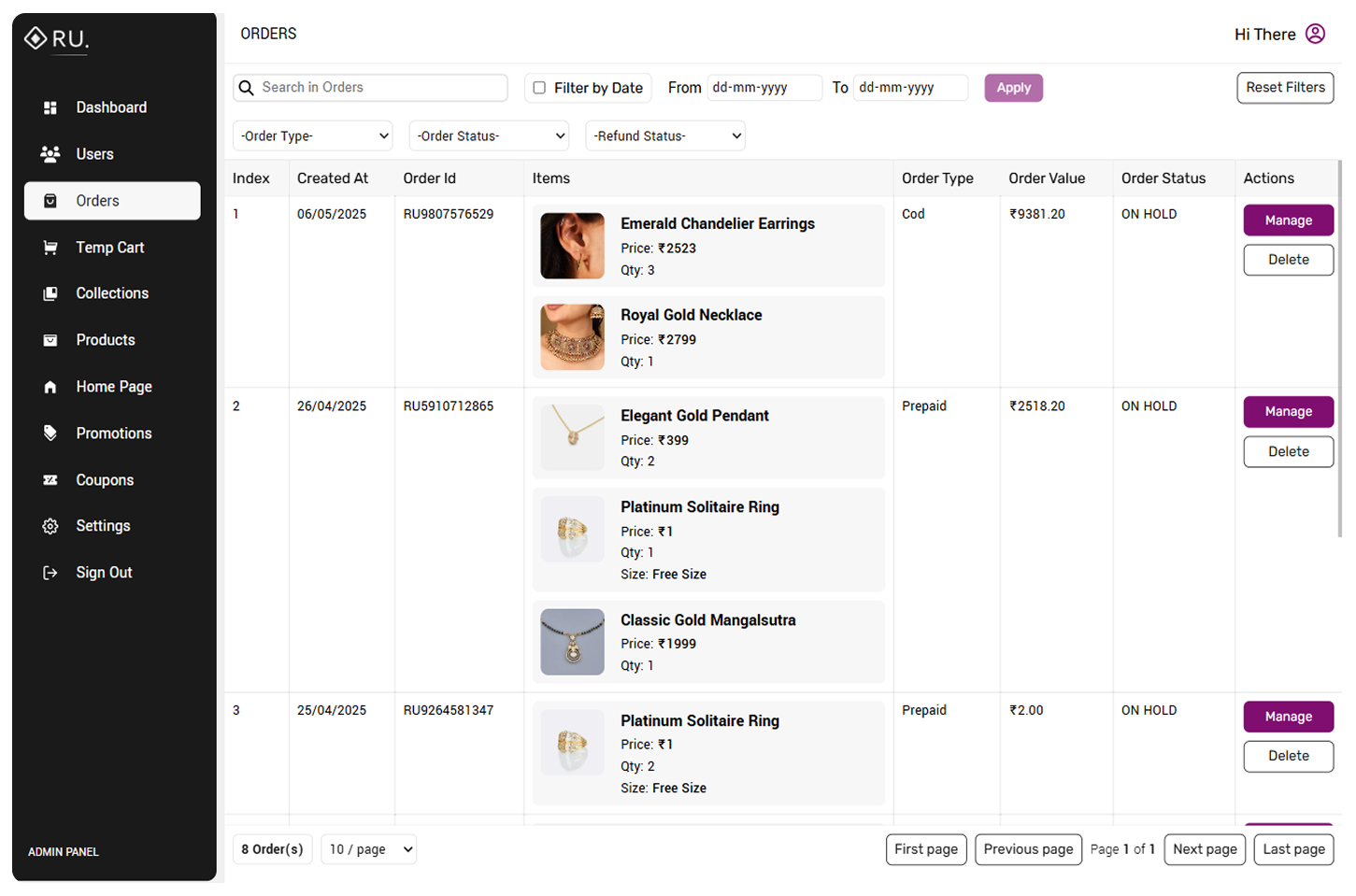 Rubygem Jewels order management admin view